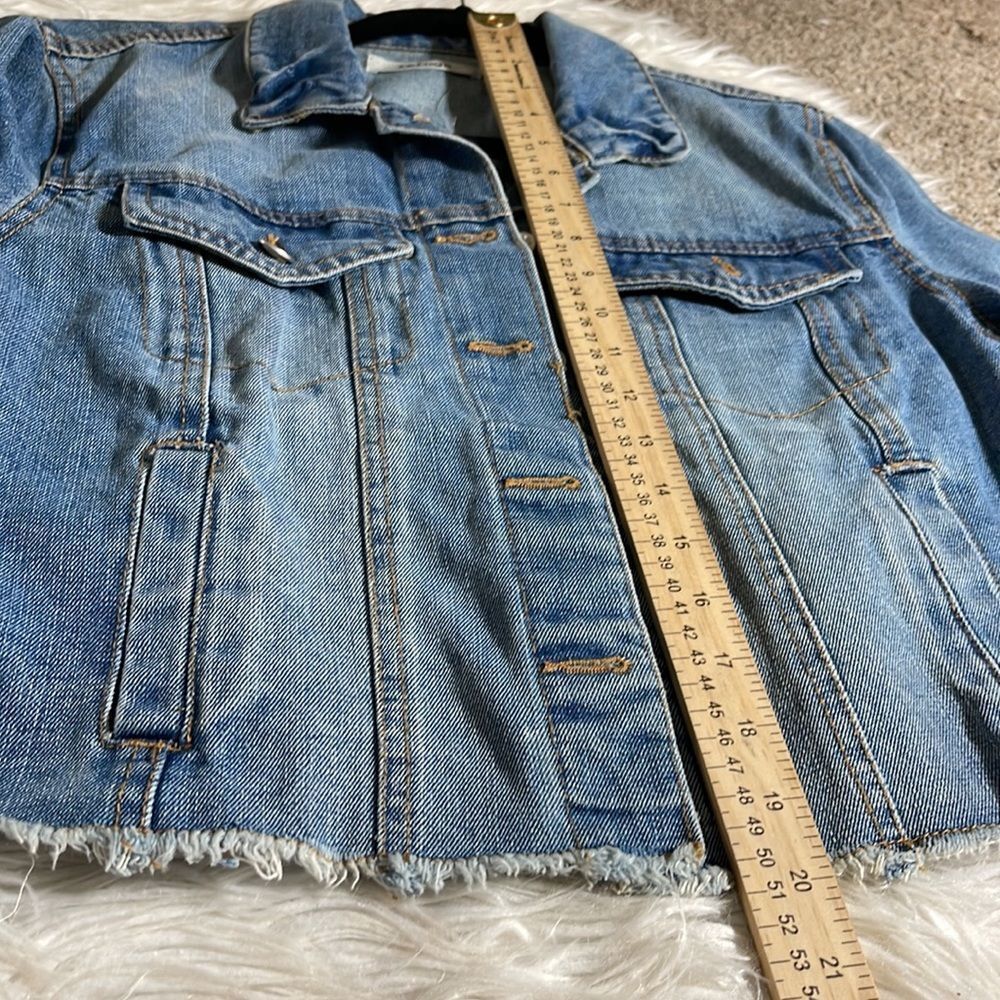 Refuge Denim jacket womens size large long sleeve raw‎ hem cropped cow Girl Blue - Picture 7 of 9